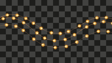 Horizontal string of warm glowing Christmas lights garland, realistic decorative yellow bulbs, fairy lights border effect, bright illumination decoration