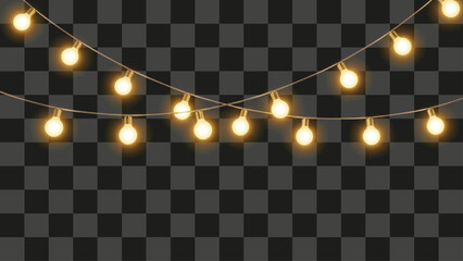 Realistic string lights garland illustration, warm yellow glowing incandescent bulbs, festive decoration elements banner
