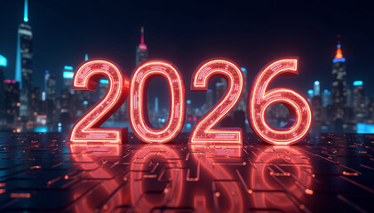 Futuristic 2026 Neon Numbers Reflecting on Digital Surface