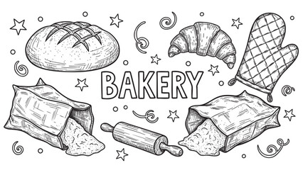 Whimsical hand-drawn illustration of a bakery scene featuring a loaf of bread, croissant, rolling pin, flour bags, and an oven mitt, perfect for food blogs and culinary designs.