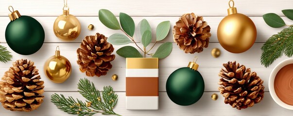 Christmas decorations on a white background with pinecones, green and gold ornaments, and festive greenery