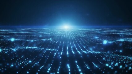 Abstract futuristic digital wave pattern with glowing blue dots and light beam in the center against a dark background, representing technology and data flow - Powered by Adobe
