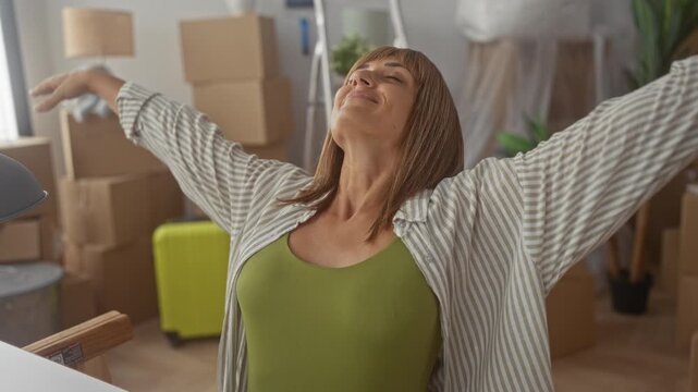 Woman with hands behind head stretching amid packed cardboard boxes and lime suitcase inside building; moving day relief.