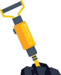 Yellow pneumatic drill breaking stones, construction tool for drilling, mining, and building