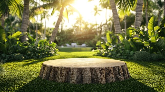 arge tree stump stands in the center of an outdoor tropical garden, surrounded by lush green grass and palm trees, sunlight, mockup for product presentation, mock-up design, banner template