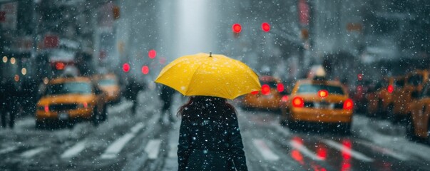 Woman with yellow umbrella walking in snowy rain on busy city street during winter weather