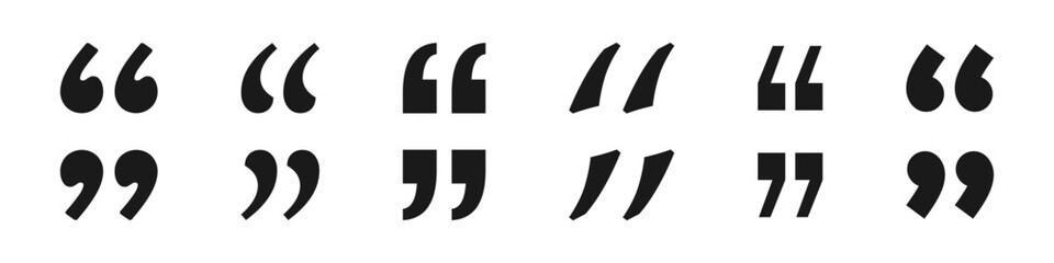 A collection of different styles of black quotation marks, showcasing diverse typographic designs. Vector illustration.