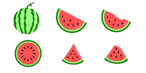 Fresh ripe watermelon set. Whole and sliced fruit, bitten watermelon slice. Summer fruit illustratiom