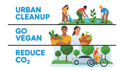 Fototapeta premium Visual guide illustrating sustainable practices like urban cleanup healthy vegan diet and lower carbon footprint