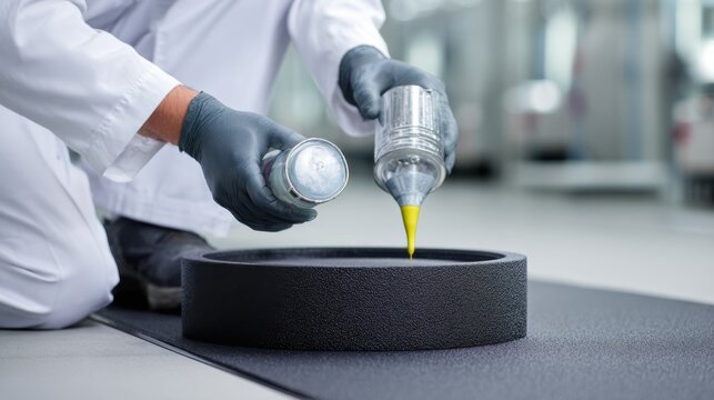 Medium shot of a worker applying quickdrying waterbased adhesive to rubber retread highlighting efficient and ecofriendly bonding process in a clean workshop setting.