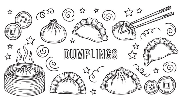 A collection of hand-drawn dumplings and related elements in a simple black and white line art style, ideal for menus or food concepts.