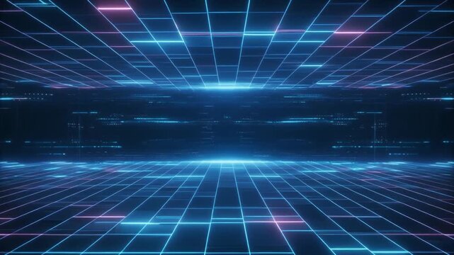 Abstract digital grid perspective with neon blue and pink glowing lines creating a futuristic cyberspace or virtual reality environment with glowing particles