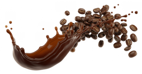Coffee beans and liquid splash isolated on a transparent background
