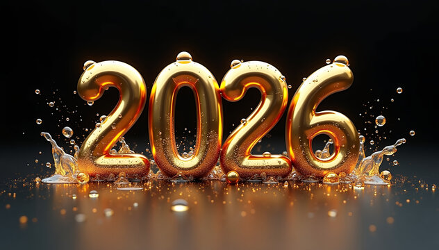 Golden 2026 numbers with liquid splashes and bubbles