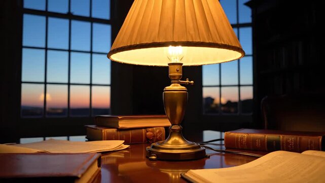 Desk lamp illuminates books at twilight indoors