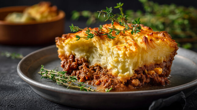 Shepherd's Pie on Gray Plate with Fresh Thyme, Hearty Meat and Mashed Potato Dish