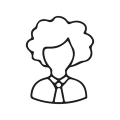 Minimalist black outline icon of a person with curly hair wearing a shirt and tie