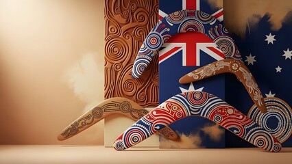 Australian boomerangs with indigenous art and Union Jack flag elements