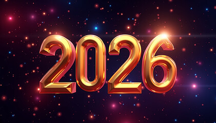 Metallic gold 2026 numbers in a cosmic bokeh background