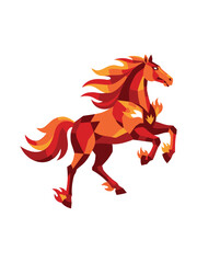 A dynamic vector illustration featuring a fiery red and orange horse rearing up, rendered in a striking modern geometric and polygonal style, symbolizing power, speed, and intense energy