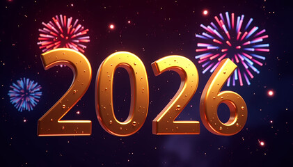 Shiny gold 2026 numbers with colorful fireworks display
