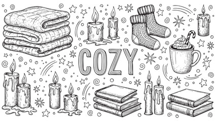 A charming hand-drawn illustration featuring cozy elements like stacked blankets, warm socks, melting candles, books, and a mug of hot chocolate on a white background.