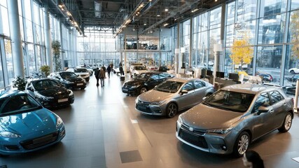 Modern and bright automotive dealership with many new cars on display, while potential customers and sales managers are walking around exploring the wide range of vehicles in the showroom