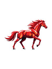 A vibrant red stylized vector illustration of a powerful horse in motion with a flowing mane and tail, featuring an energetic, angular design ideal for branding, logos, or sports themes