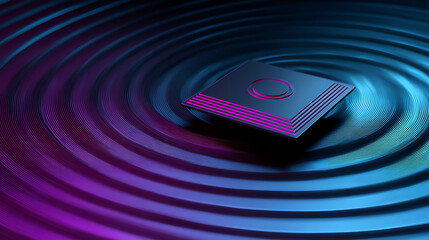 3D rendering of futuristic computer processor chip with neon blue and purple ripple effect background representing advanced technology innovation