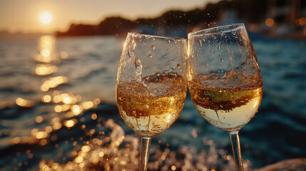 Romantic sunset toast with two glasses of white wine by the ocean