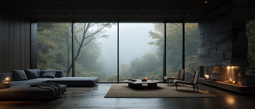 Luxury modern heritage living room with floor to ceiling windows, dark wood limestone textures, minimalist furniture for high end real estate staging and interior design inspiration

