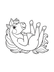 A black and white line art vector illustration of a cheerful, cute cartoon horse or pony lying on its back with its legs up, suitable for a coloring page or design element