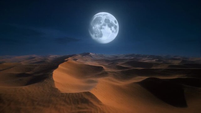 Vast desert dunes illuminated by the ethereal glow of a full moon under a starless night sky