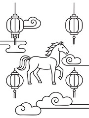 A minimalist black outline vector illustration featuring a horse, the Chinese zodiac animal, surrounded by traditional hanging lanterns and auspicious swirling clouds for Lunar New Year designs