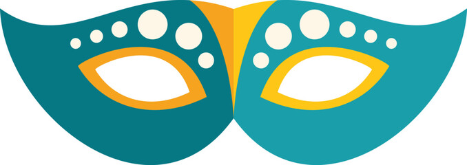 Teal and yellow mardi gras mask with white dots is smiling, perfect for carnival and celebration design projects © anatolir