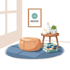 Calm interior illustration with "Breathe" art, pouf, candles, plant, books, and rug