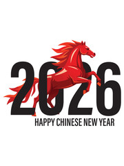 A dynamic vector illustration for Happy Chinese New Year 2026, featuring a stylized red galloping horse integrated into the large black numerals, symbolizing the Year of the Horse zodiac sign
