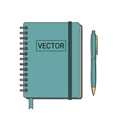 A teal spiral notebook with a rubber band, bookmark, and matching pen