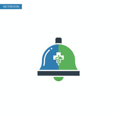 A colorful bell icon, split into blue and green sections, with a medical symbol
