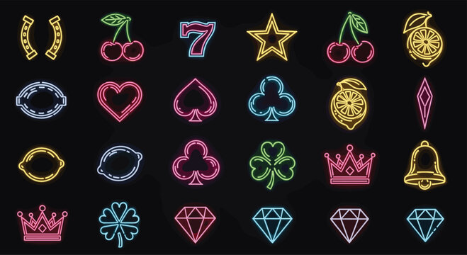Large set of neon glowing casino icons featuring gambling symbols like cherries sevens hearts and diamonds against a dark black background.