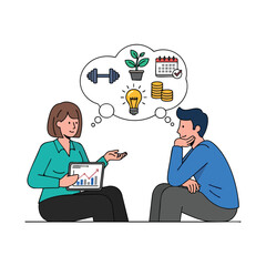 Two figures, one advising on financial/life goals, and a thought bubble of aspirations