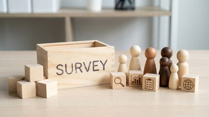 Survey concept wooden cubes text 'Survey', diverse wooden peg dolls group on wooden desk, market research, data collection, sampling population