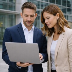 Obraz premium Professional businessman and businesswoman standing outdoors near a modern office building while reviewing information on a laptop.