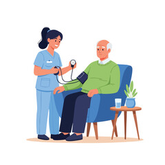 A nurse in scrubs measures an older man's blood pressure while he sits in a chair