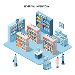 Isometric view of a hospital pharmacy/inventory with shelves and staff present