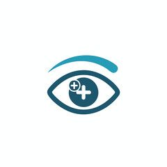 A teal eye with a teal eyebrow, and a plus sign in the pupil