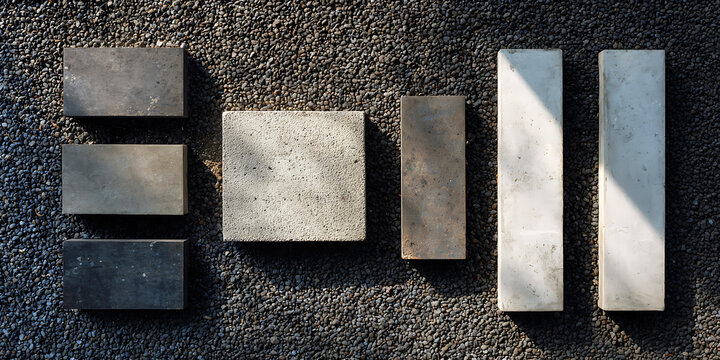 Collection of rectangular concrete blocks and pavers in various grey and white shades arranged on dark gravel ground for construction material