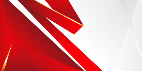 Modern abstract red and white background featuring dynamic geometric shapes, sharp triangles, and elegant gold line accents