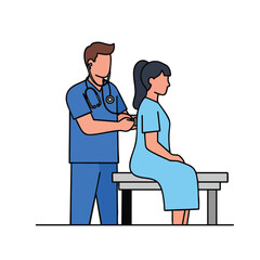 A medical professional uses a stethoscope to examine a seated patient