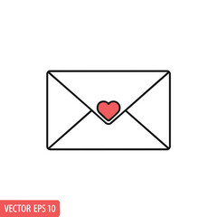 A black and white vector outline of an envelope with a red heart on a white background